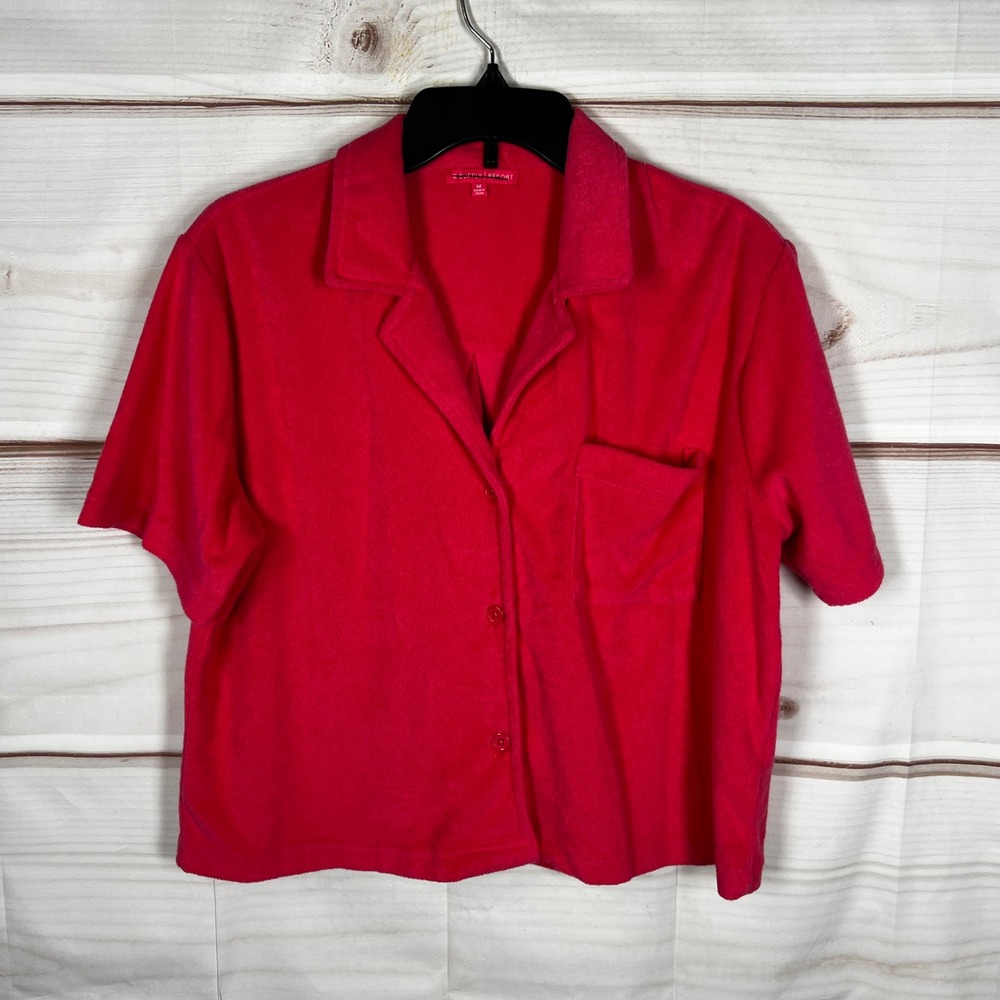 Z Supply Resort Top Women Medium Orange Solid Terry Cloth Button Up Short Sleeve